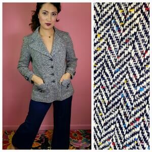 Vintage 1970's 2 Piece Herringbone Jacket & Pant Suit Wool Blend Navy Blue White